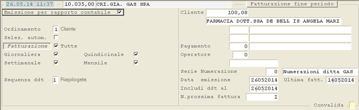 Emissione Fatture differite per Rapporto Contabile: videata di selezione